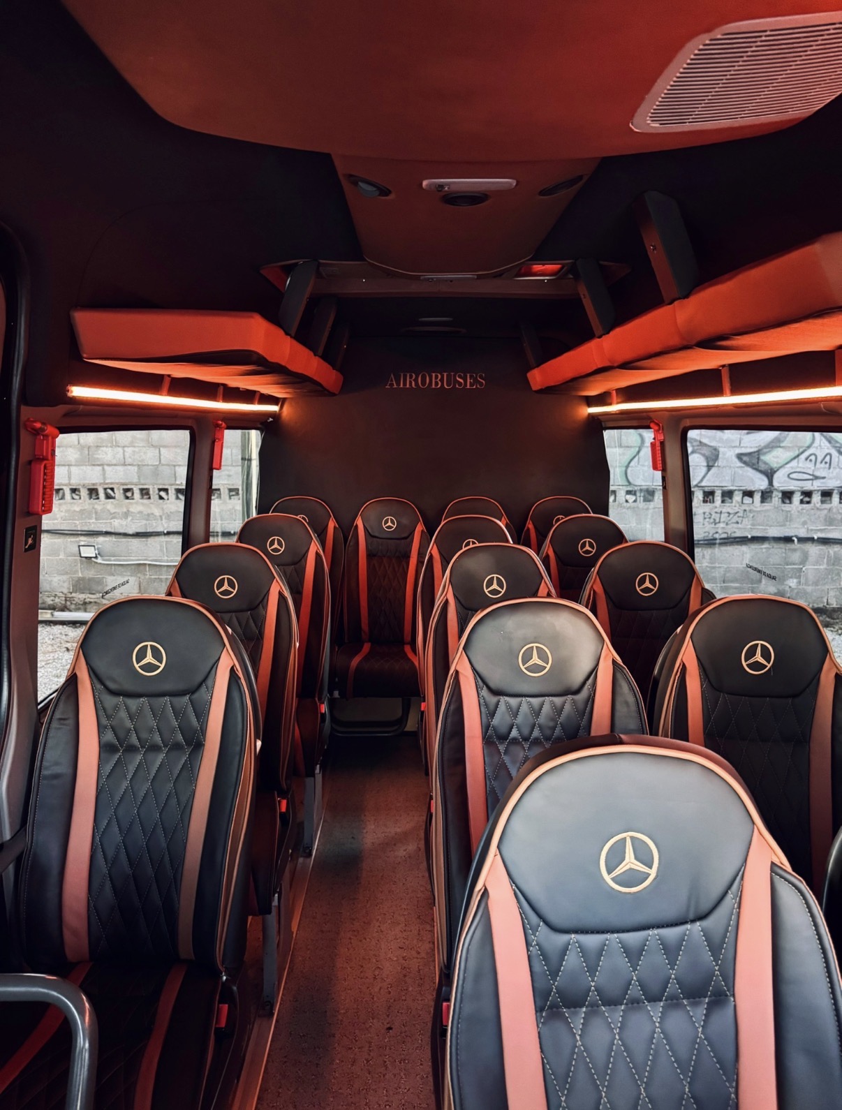 Leather seating inside the Ibiza party bus